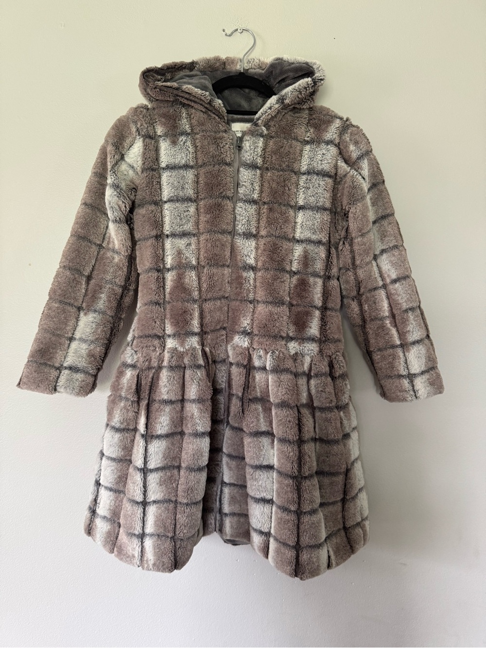 Girls' American Widgeon Plush Hooded Faux Fur Peplum Coat in Taupe Plaid